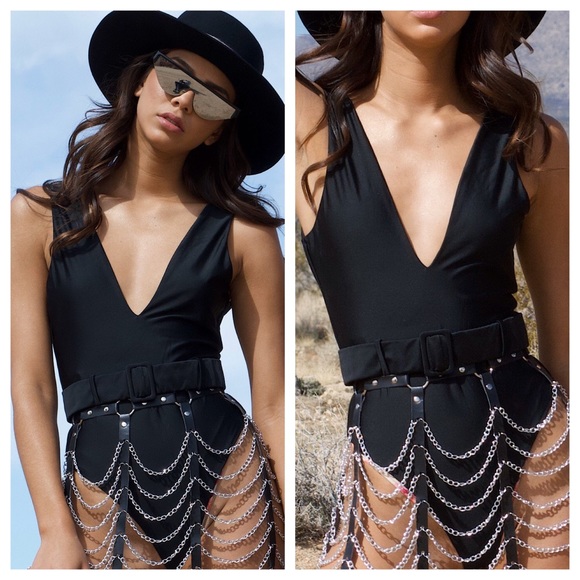 Tops - Black Deep V Bodysuit With Belt